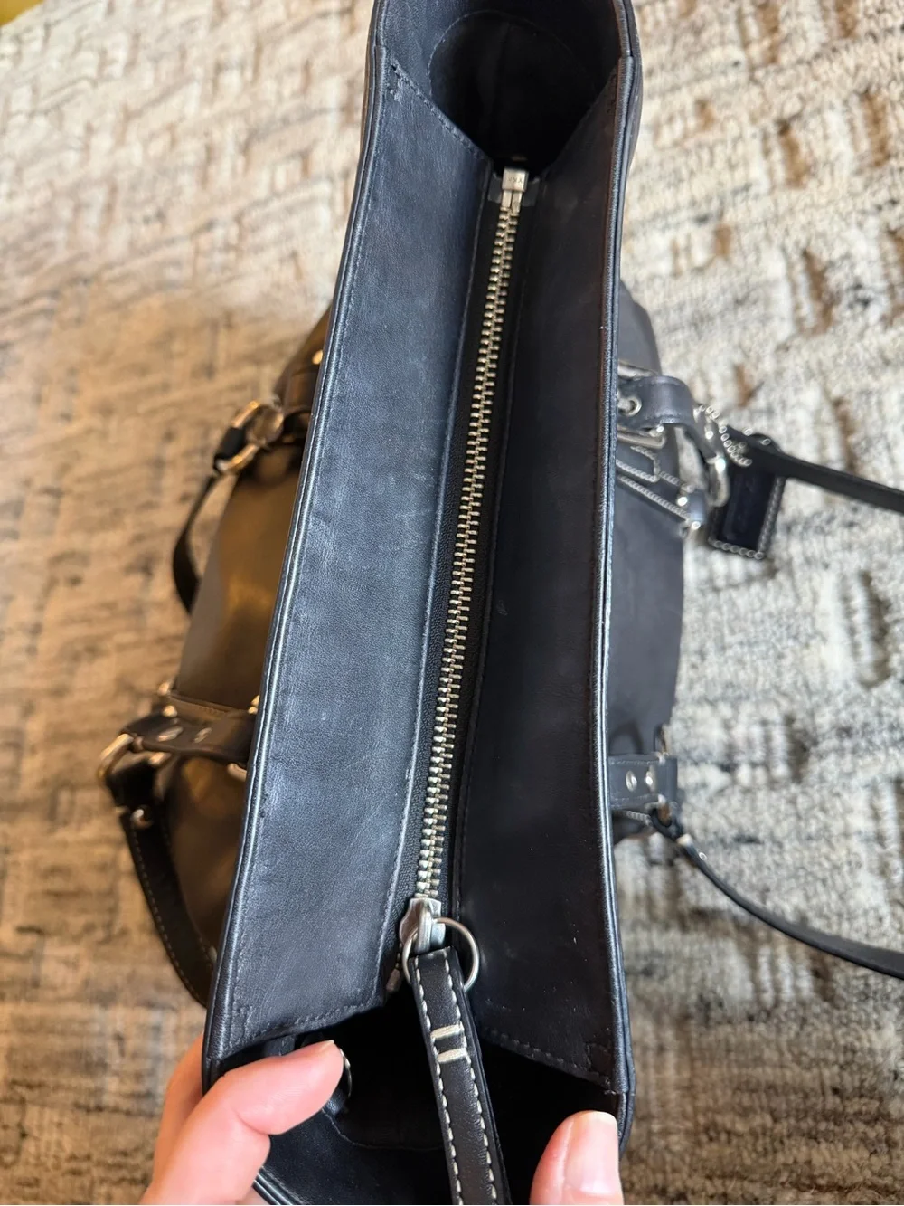 Vintage Coach Black Leather Tote Bag with Silver Hardware